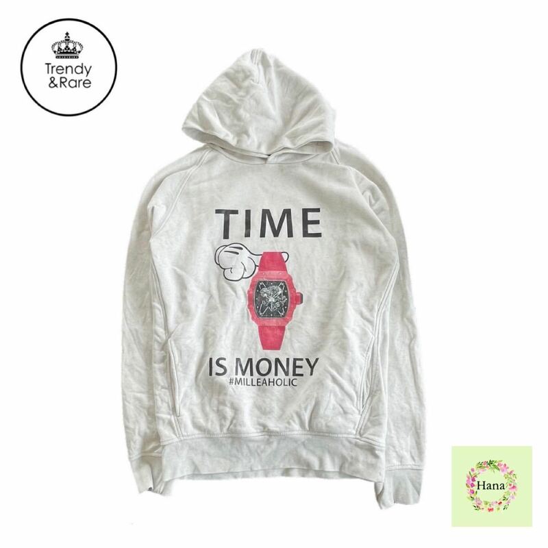 Trendy&Rare トレンディ&レア プルオーバー パーカー フード付き トップス TIME IS MONEY #MILLEAHOLIC 時計毎日コットン ホワイト 白