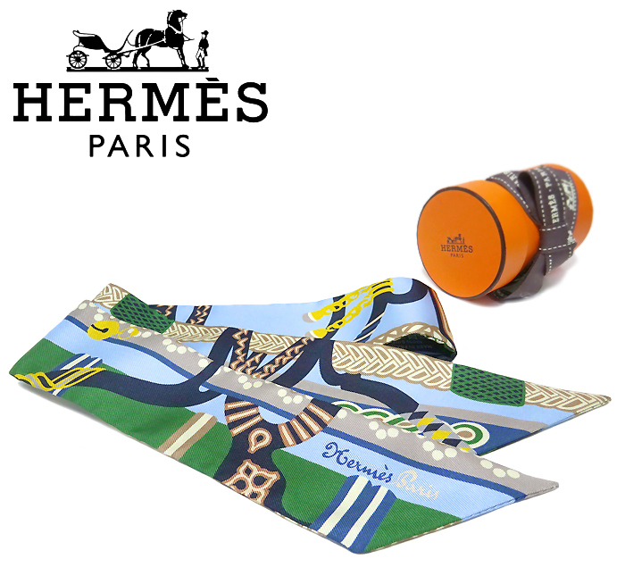 【未使用品 超美品】 エルメス HERMES ツイリー 帯型 スカーフ FANTAISIE D'ETRIERS 馬具柄 鐙の幻想 シルク ブルー グリーン レディース