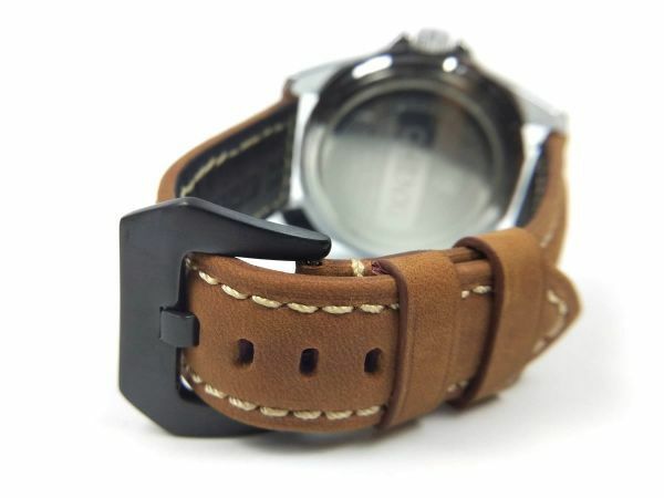 レザー製ミリタリーストラップ 交換用腕時計ベルト 本皮 クイックリリース 24mm ライトブラウンXブラック