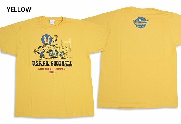 BUZZ×PEANUTS半袖Tシャツ「USAFA FOOTBALL」◆BUZZ RICKSON'S イエローLサイズ BR79136 バズリクソンズ スヌーピー