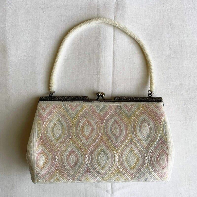 ビーズバッグ 白 パステル シルバー がま口 昭和 日本製 Japanese beads, vintage purse handbag