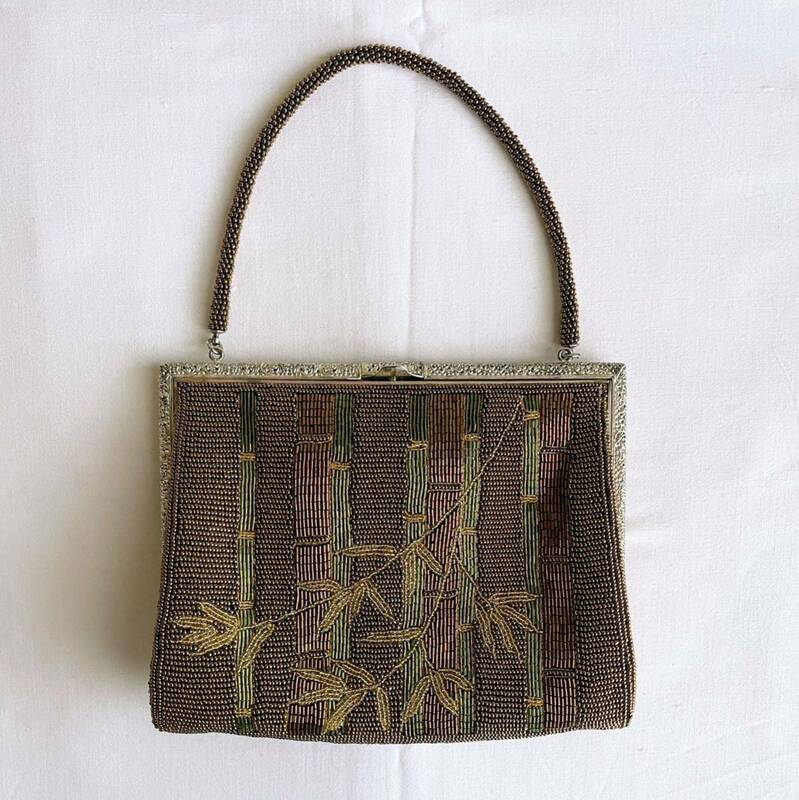 ビーズバッグ 茶色 金 緑 竹 シルバー がま口 昭和 日本製 Japanese beads, vintage purse handbag