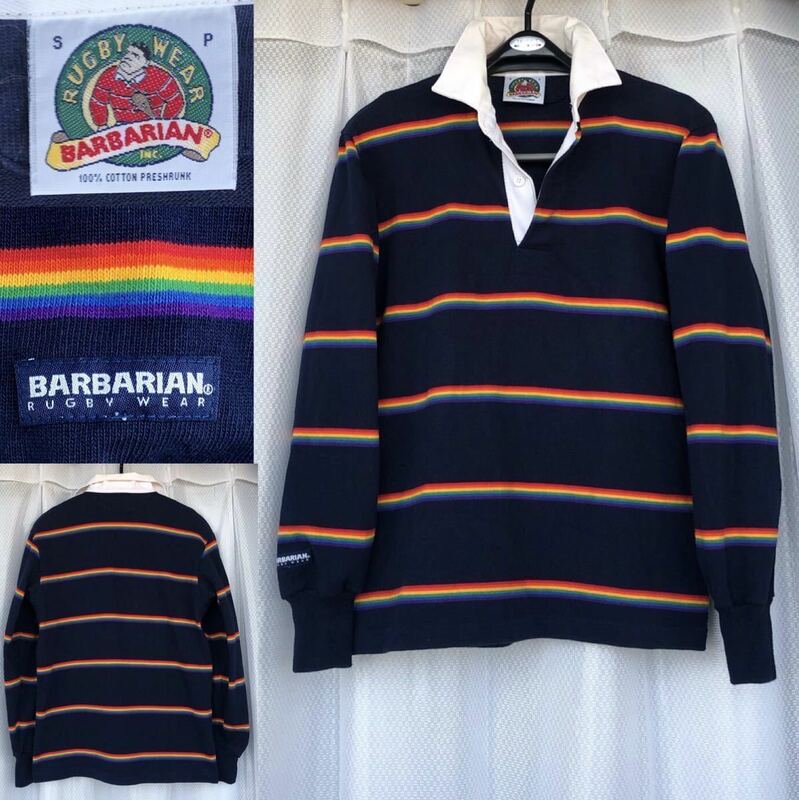 RAINBOW★長袖ボーダー ラガーシャツ BARBARIAN★カナダ製 ヘビーウエイト コットン ロンT カットソー ポロ プルオーバー/バーバリアン