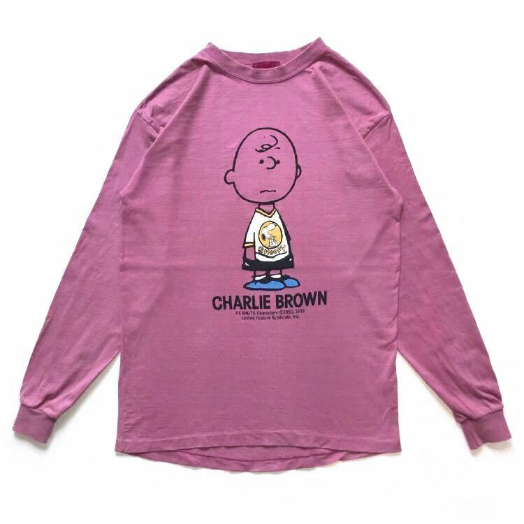 90s vintage CHARLIE BROWN キャラクタープリント ロングスリーブTシャツ 長袖 light-purple size M 希少 オーバーサイズ レアカラー old