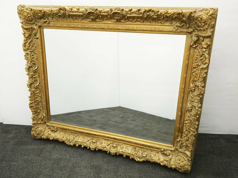 ♯[引取限定] アンティーク調 大型 ウォールミラー 壁掛け鏡 木製 金縁 ゴールドフレーム ヨーロピアン 店舗什器 外形約縦156.7×横127cm