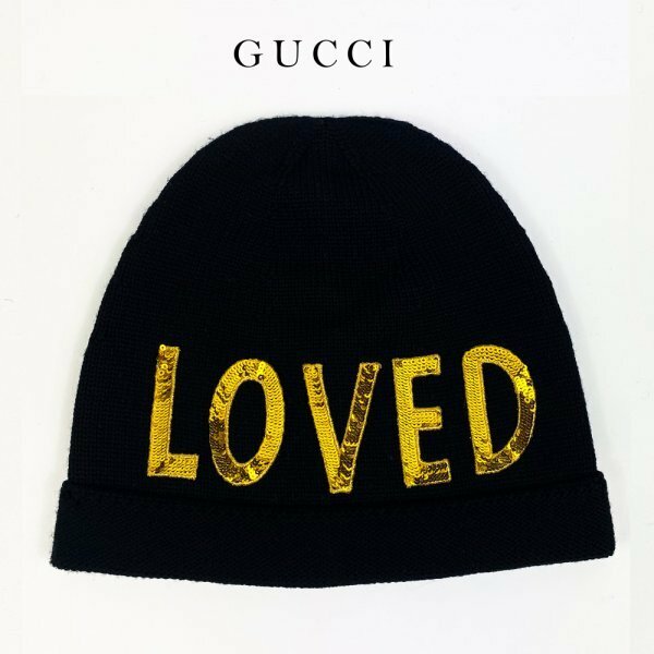 ★美品★ Gucci グッチ LOVED シェリーライン スパンコール ウールニットキャップ ニット帽子 Mサイズ ブラック 黒 イタリア製