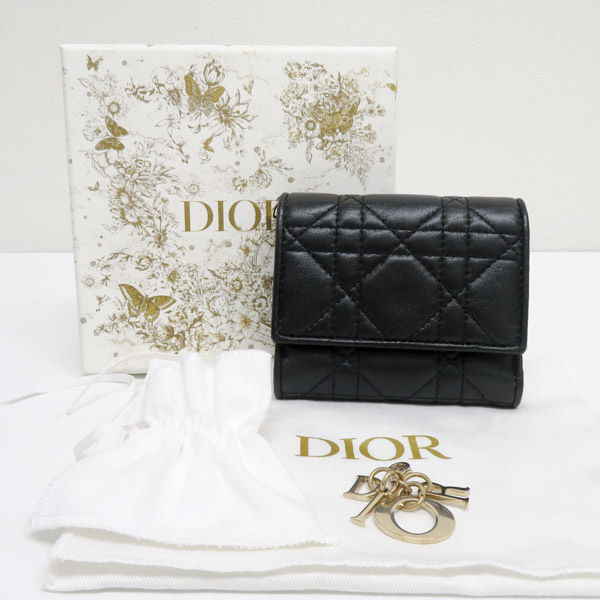 ディオール Christian Dior カナージュ ロータスウォレット 三つ折り財布 S0181ONMJ 黒 中古 [質イコー]