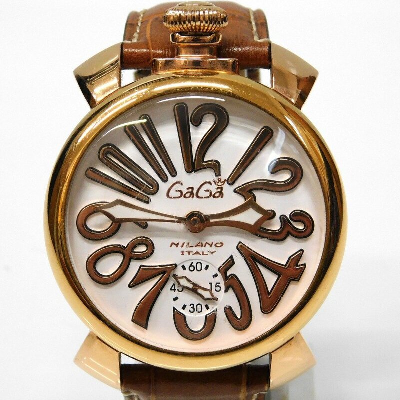 Hn394081 腕時計 ガガミラノ　カリカマニュアーレ48　ゴールド　社外革ベルト　手巻き　 中古