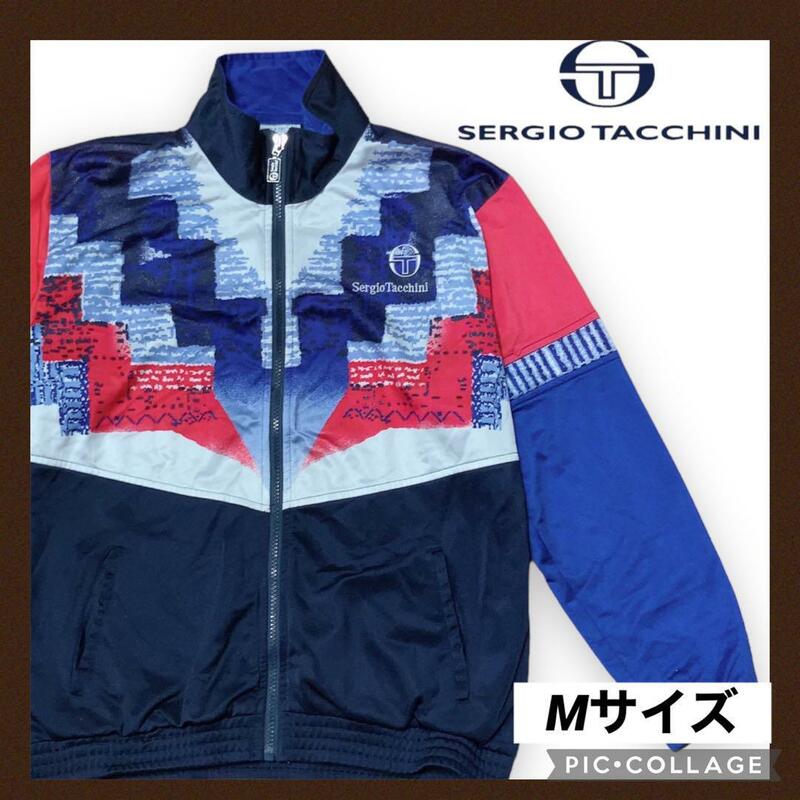 SERGIO TACCHINI セルジオタッキーニ トラックジャケット M ジャージ 上 メンズ 紺色 高襟 古着 90s 90年代 ヴィンテージ 刺繍 ショート丈