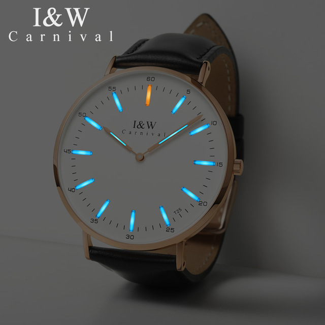 I & W T25 トリチウム発光クォーツ時計男性カーニバル超薄型 6 ミリメートルメンズ腕時計