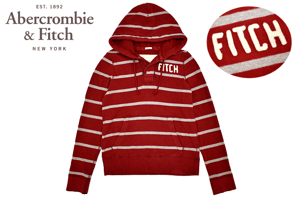 Y-5415★美品★Abercrombie&Fitch アバクロンビー&フィッチ★レッド赤色 ボーダー ハーフボタン プルオーバー パーカー フーディ Ｍ