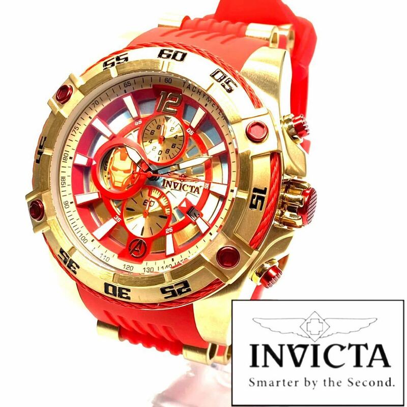 ●定価11万円! 激レア! マーベル INVICTA インビクタ クロノグラフ 腕時計 メンズ アイロンマン 新品 ゴールド レッド marvel 高級