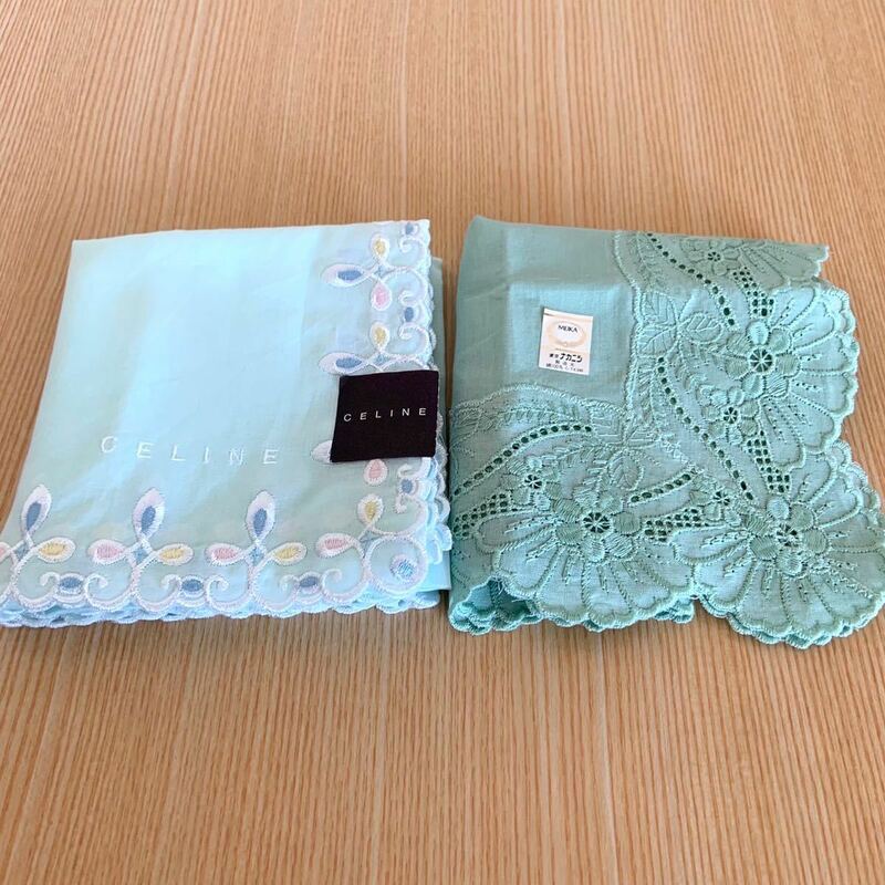 未使用 CELINE セリーヌ MEIKA 大判ハンカチ 2枚セット 花 刺繍 レース ブルー系 綿100% 日本製 レディース ハンカチ