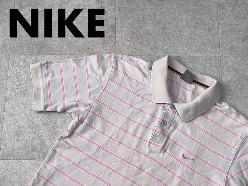 ☆送料無料☆ NIKE ナイキ 古着 半袖 ボーダー ポロシャツ メンズ L ピンク トップス 中古 即決