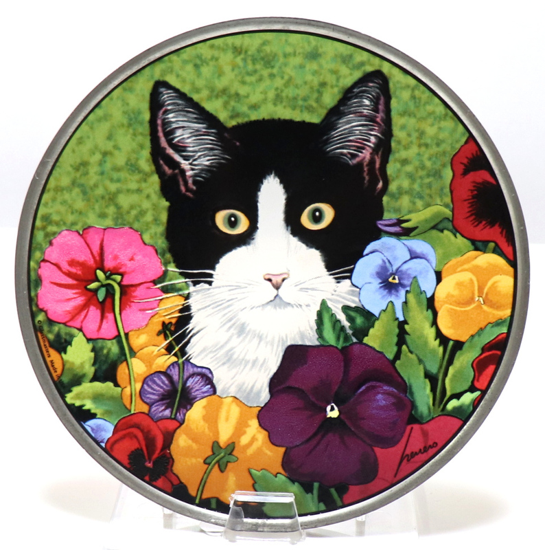 ローウェル・エレーロ ヴィンテージ ステンドグラス カラフルな花に囲まれた猫 グラスマスターズ社 ネコ トロント ティファニー スタジオ