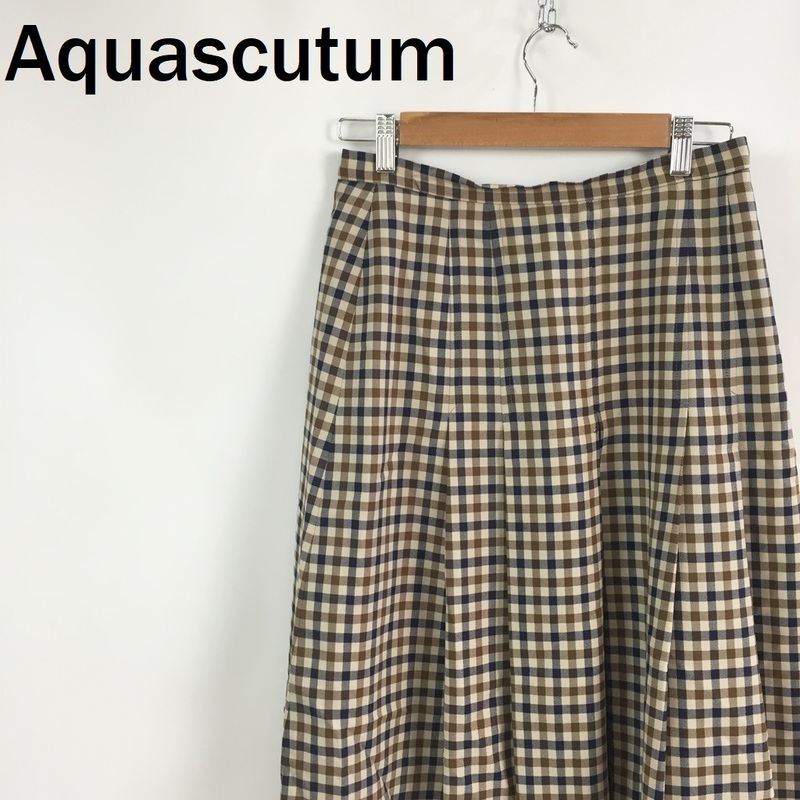 【人気】Aquascutum/アクアスキュータム プリーツスカート 膝下丈 チェック柄 ウール100％ ベージュ サイズM10 レディース/S5332
