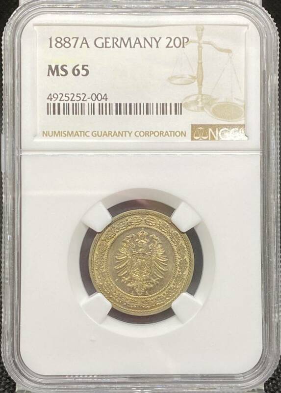 【少額のコインは鑑定枚数が少ない】1887A年ドイツ帝国ヴィルヘルム１世20ペニヒ銅貨/MS65/NGC鑑定/額面は小さいですが素晴らしいデザイン