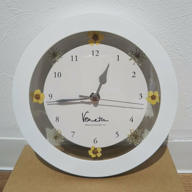 未使用 venetia ラウンドクロック 直径約19.5㎝位 アナログ 掛け時計 置き時計 押し花 白系 ホワイト