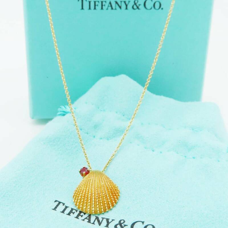 希少 美品 Tiffany&Co. ティファニー イエローゴールド シェル 1P ルビー ネックレス 750 K18 AA252