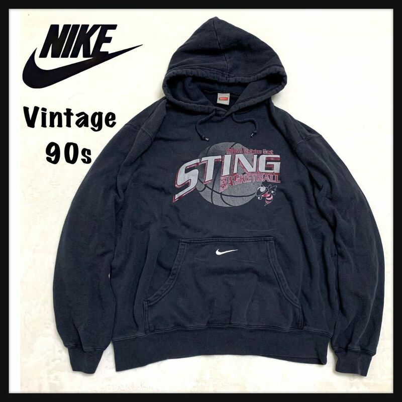 【希少】90s NIKE TEAM ナイキ スウェット パーカー センターロゴ バスケット Yellow Medicine East STING BASKETBALL / XL程度