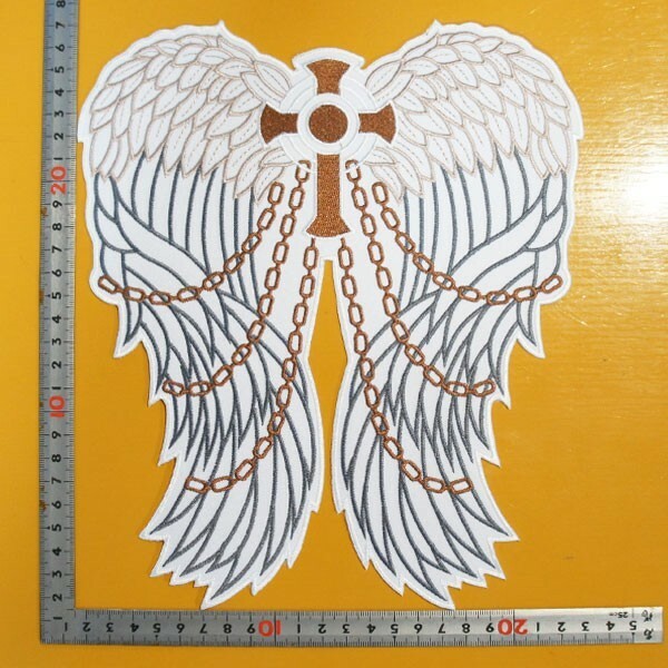 大きな刺繍アイロンワッペン アップリケ パッチ【十字架と天使の羽】大きい ワッペン アイロン 接着 糊付き クロス 翼 羽根 ウイング 白