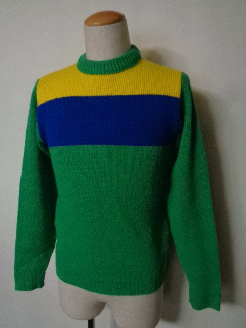 70s ビンテージ SEARS シアーズ アクリル ニット セーター 1970年代製 Sサイズ 緑青黄 アメカジ Sears SPORTS CENTER 