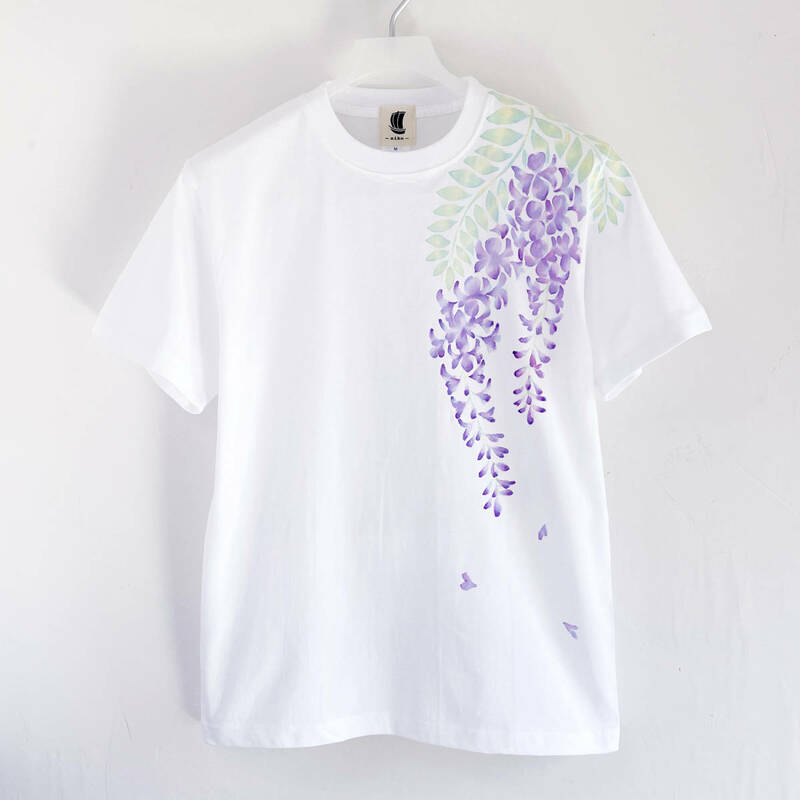 メンズ Tシャツ XLサイズ 藤の花柄Tシャツ ホワイト ハンドメイド 手描きTシャツ 花柄