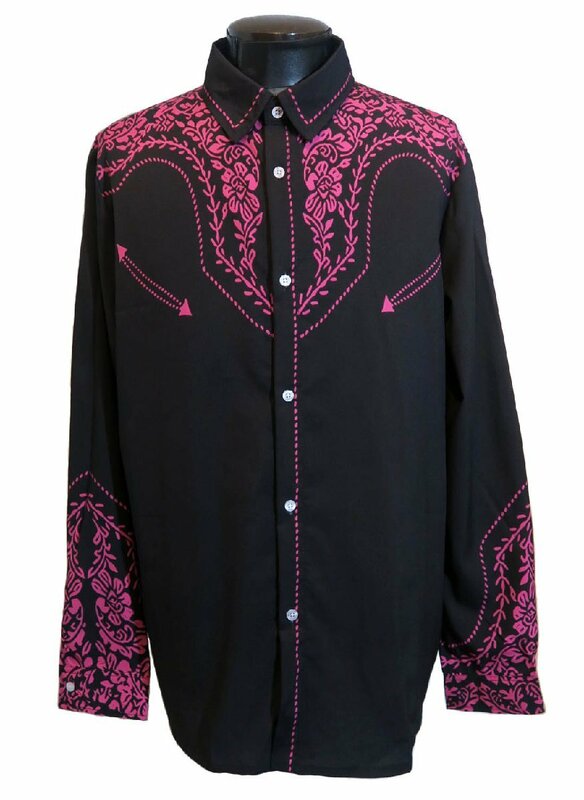 新品 XLサイズ ウエスタンシャツ 2123 黒×ピンク BLACK 花柄シャツ 綺麗め 柄シャツ カウボーイ ロカビリー ロック モード ヴィジュアル系