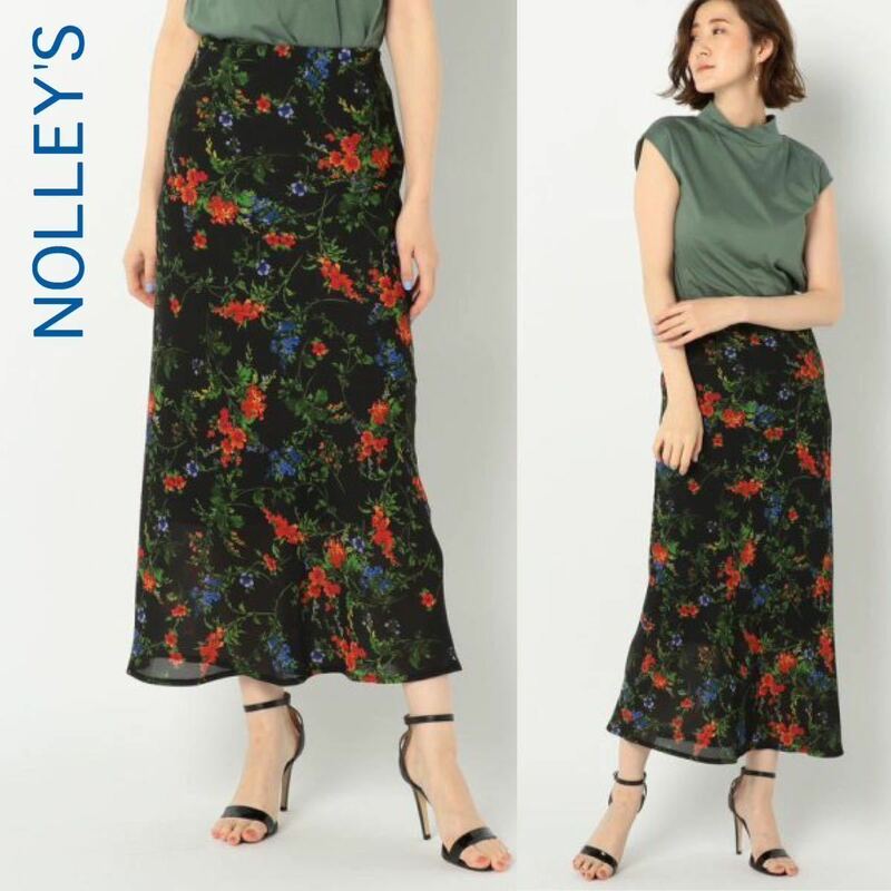 【美品】NOLLEY'S ノーリーズ 定価1.6万 洗える フラワープリントナローロングスカート 38/Mサイズ相当 ブラック レディース 日本製 花柄
