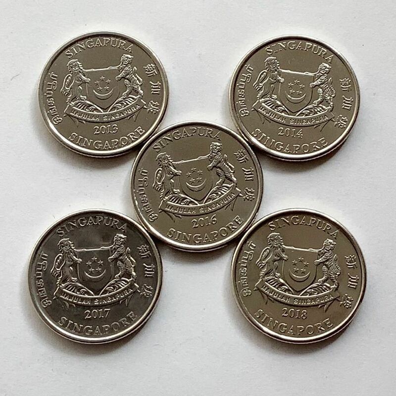【希少品セール】シンガポール 新デザイン 20セント硬貨 2013年〜2014年 2016年〜2018年 年号違い5枚 まとめて