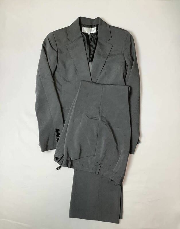(レディース) ESPRITMURエスプリミュール // 背抜き 長袖 シングル パンツ スーツ (微光沢ダークグレー系) サイズ 7AR (S・W61cm)