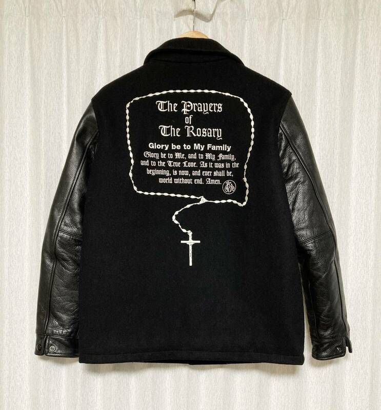 [GDC] Rosary バック刺繍 袖レザースタジャン バーシティジャケット M ブラック 牛革 日本製 ロザリー ジーディーシー