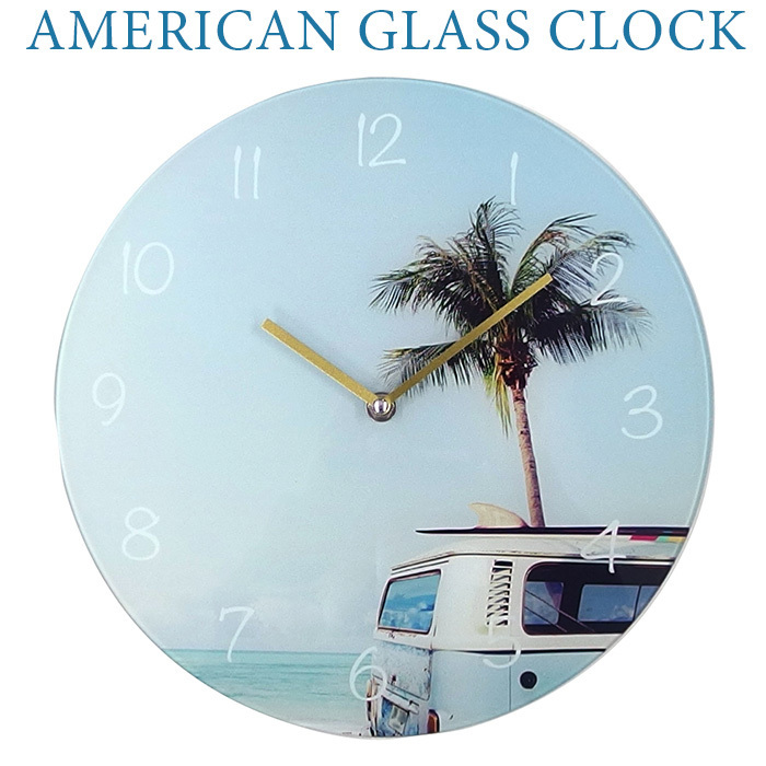 ガラスウォールクロック ビーチピクチャー B (ラウンド234) 丸形 硝子 掛け時計 海 サーフ ハワイアン 西海岸風 インテリア アメリカン雑貨