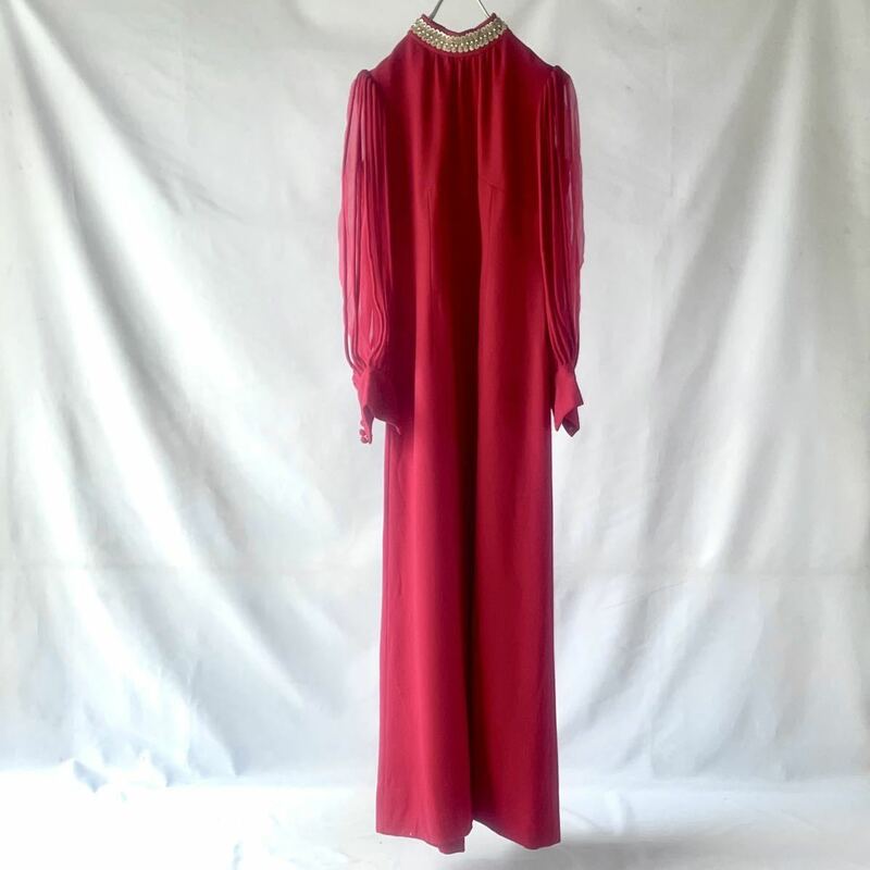 60s vintage コード 紐　バルーンスリーブ　赤　マキシ丈　ドレス　結婚式　パーティー