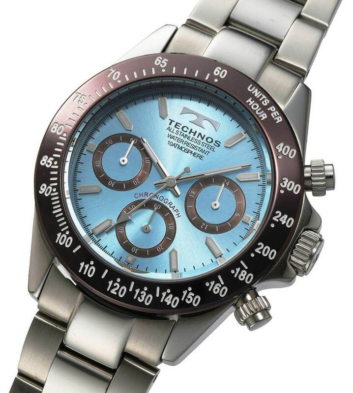 【新品未使用アウトレット品】TECHNOS 好評のアイスブルーカラー テクノス腕時計 クロノグラフ アナログメンズクォーツ腕時計 10気圧防水 