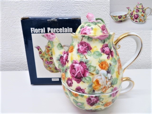 [d006] Floral Porcelain フローラルポーセリン ポット＆カップ 花柄 薔薇柄 バラ 金縁 金彩