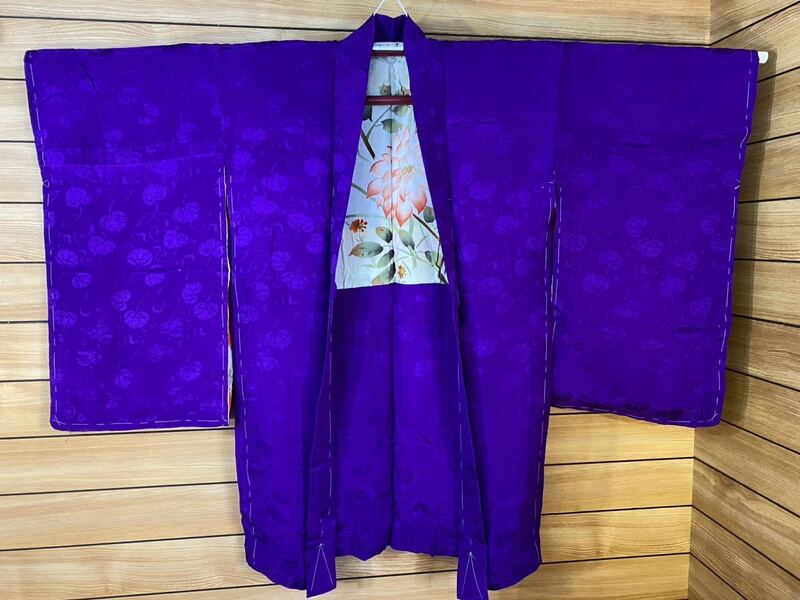 未使用！　羽織　一つ紋　化繊　紫　身丈90 花柄
