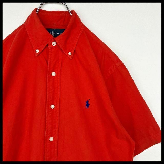 【レアカラー】ポロラルフローレン 90s ポニー刺繍　ボタンダウン　半袖シャツ 朱色 メンズ　S相当　Polo Ralph Lauren