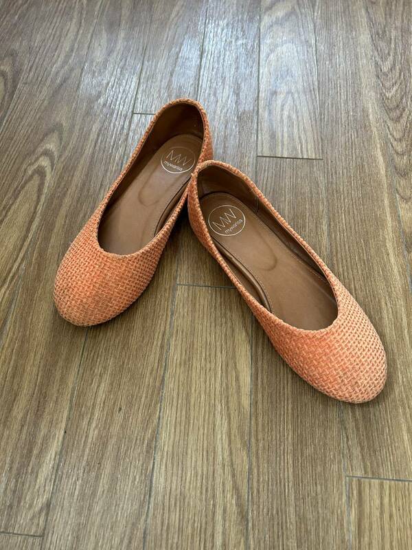 ●mywarisa マイワリサ　オレンジ　レディースシューズ　パンプス　38　ぺたんこ靴　かわいい　シンプル　布地　編み込み　軽い
