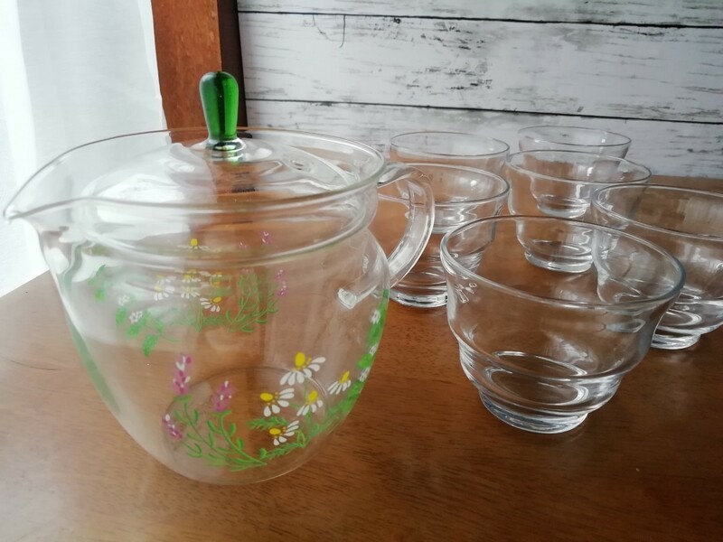 ガラス製 ティーポット カモミール柄 グラス 6客 ハーブティー 紅茶 花柄 グリーン カモマイル glass teapot camomile 送料込み