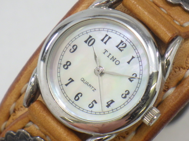 h3D145Z- TINO レディース クォーツ 腕時計 シェル文字盤 NATIVE CRAFT レザー 不動品