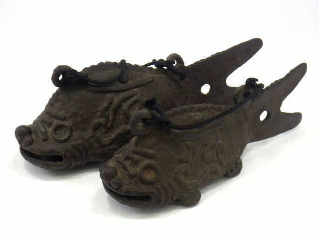 h3D124R- 時代物 古銅 銅製 釣鐘 魚鼓 銅魚鈴 親子 梵字