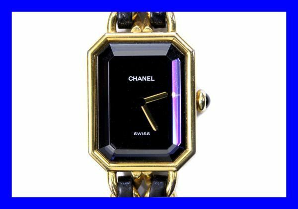 ●本物 シャネル CHANEL プルミエール レディースウォッチ レザーチェーンブレス Mサイズ ゴールド金色 ブラック 腕時計 黒 Z3359