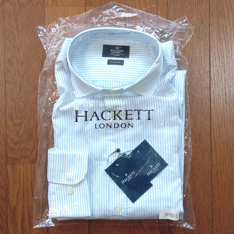 【hlsh21】新品　HACKETT LONDON ハケット ロンドン　長袖シャツ　白×水色　ホワイト×ブルー　ストライプ　定価21,780円　綿100％
