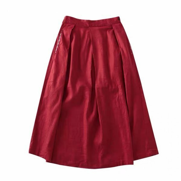 10点送料無料 yhスカート レッド 赤　麻綿混　フリーサイズ　ゆったりとした　スカート　上品　オシャレ　大人可愛