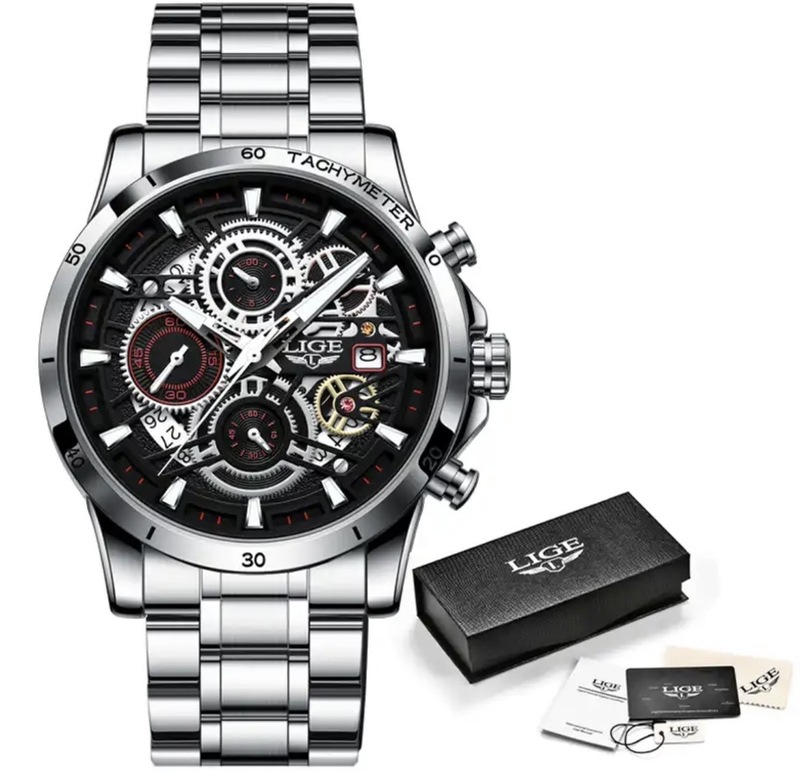 Lige メンズ 腕時計 中空 クロノグラフ スポーツ 防水 ウォッチ ファッション ビジネス 時計 ステンレス シルバー