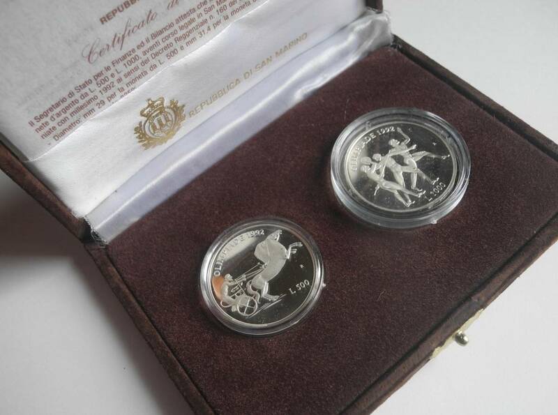 サンマリノ 500リラ＆1000リラ 記念銀貨 二枚セット コイン 1992年 バルセロナオリンピック プルーフ アンティーク ヨーロッパ