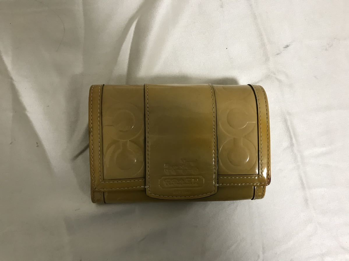 本物コーチCOACH本革エナメルレザー二つ折り財布サイフ札入れゴールド金メンズレディース小銭入れコンパクト旅行トラベル