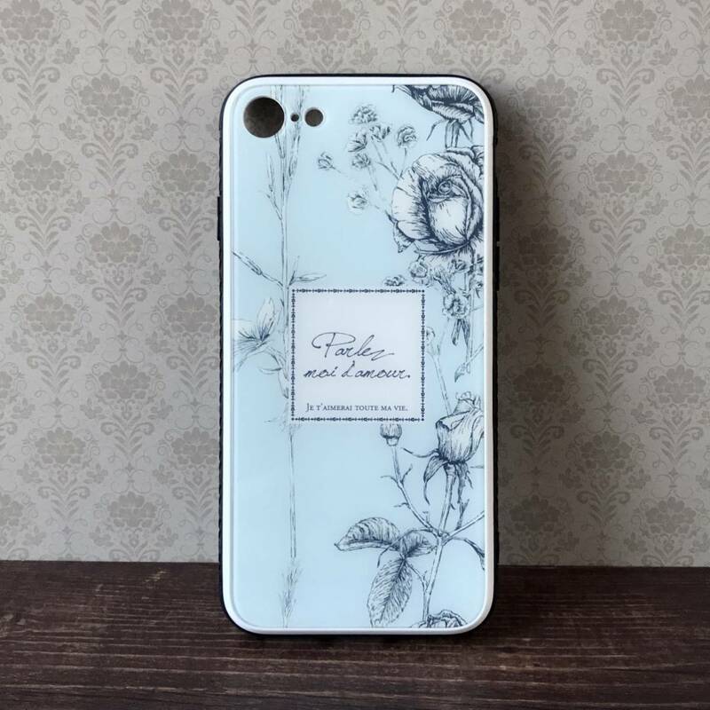 【iPhone7 / iPhone8 / SE第2世代 用】強化ガラス製 スマホケース 花柄 フラワー 薔薇 水色 ライトブルー おしゃれ 可愛い スマホカバー