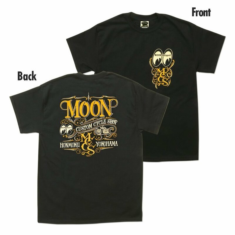 ★ムーンアイズ Tシャツ MOON Custom Cycle Shop - L 黒 MOONEYES 正規品 ムーン カスタム サイクル ショップ ピンストライプ バイカー